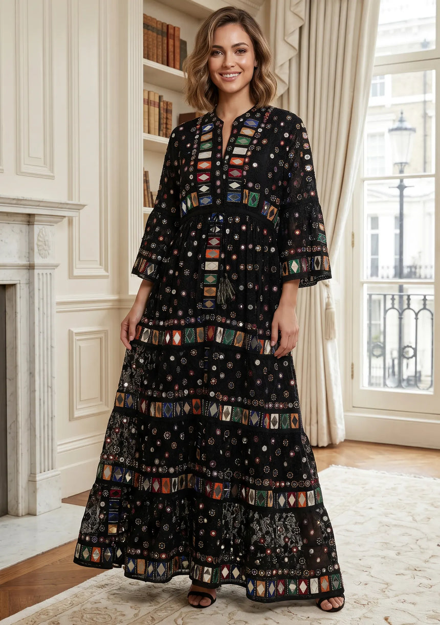 ibBan Women's Hand Embroidered Long Tunic Dress -Corina Long Tunic