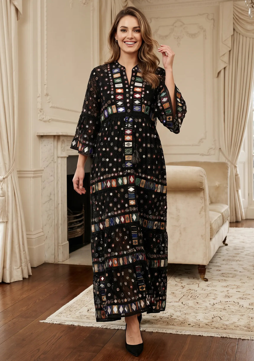 ibBan Women's Hand Embroidered Long Tunic Dress -Corina Long Tunic