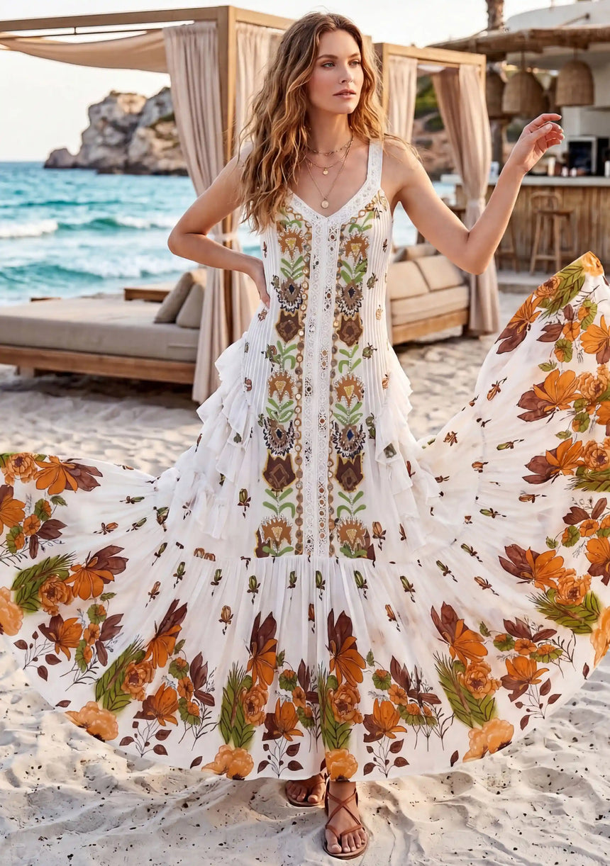 Vestido Maxi de Algodón con Cuello Drapeado para Mujer - Naira