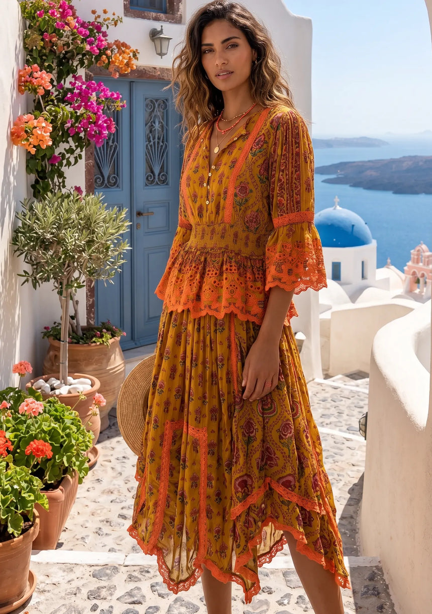 ibBan Mustard Printed Cotton Dress with Embroidery | Boho Resort Dress - Kavri