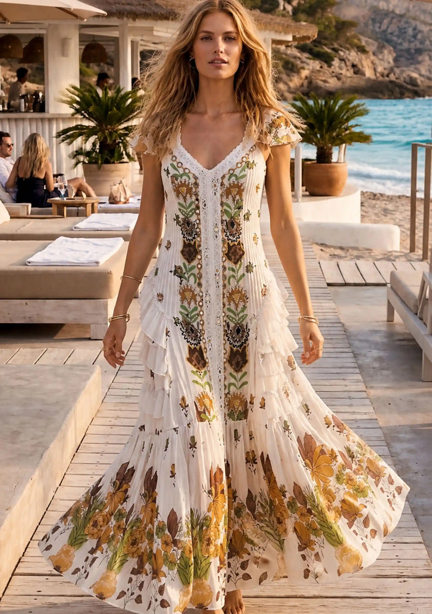 Vestido Maxi de Algodón con Cuello Drapeado para Mujer - Naira