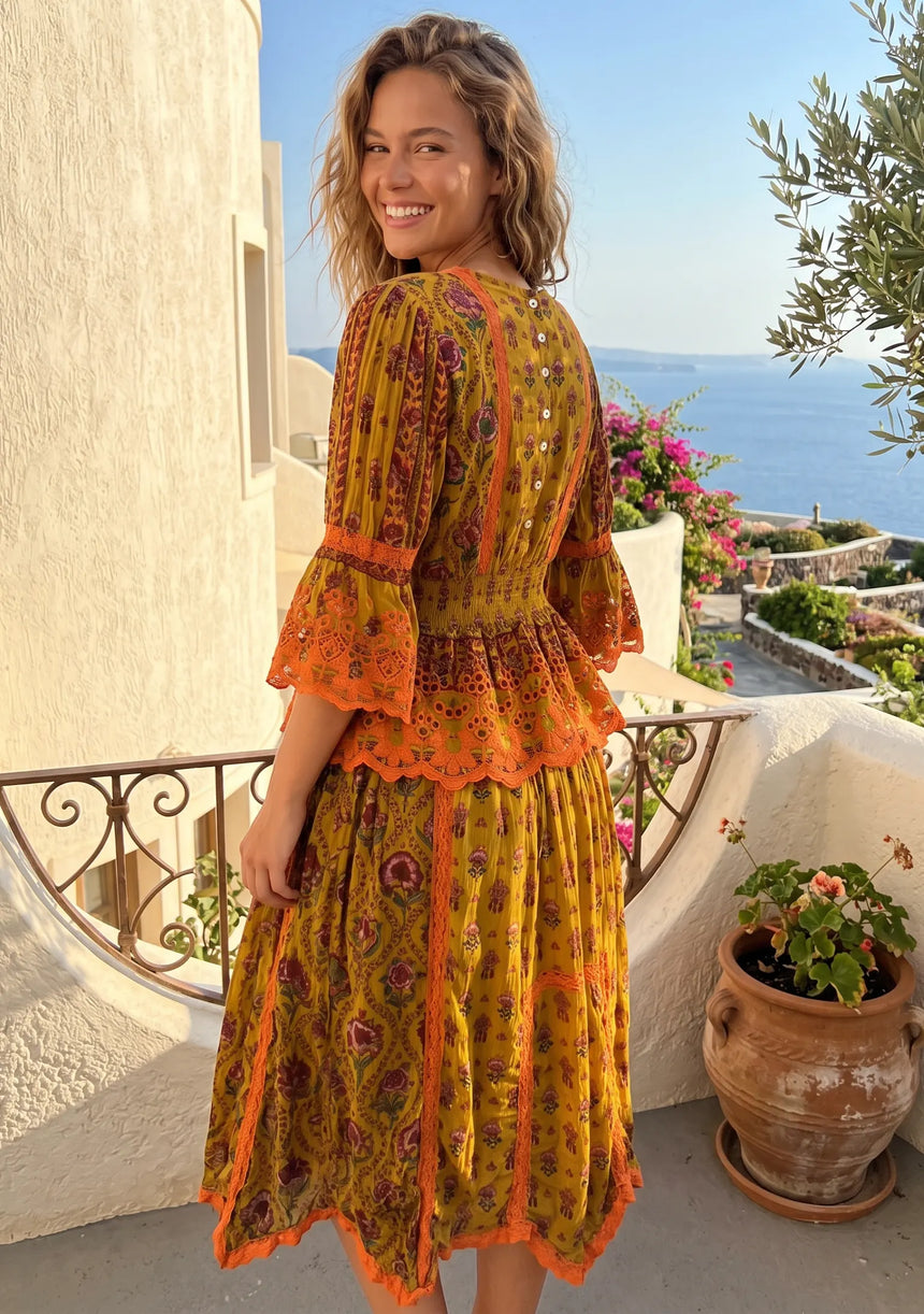 ibBan Mustard Printed Cotton Dress with Embroidery | Boho Resort Dress - Kavri