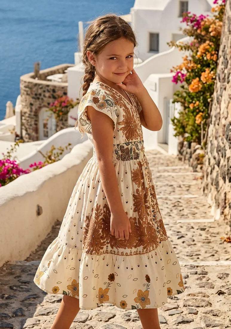 Robe en coton imprimé col en V pour fille - Yamira