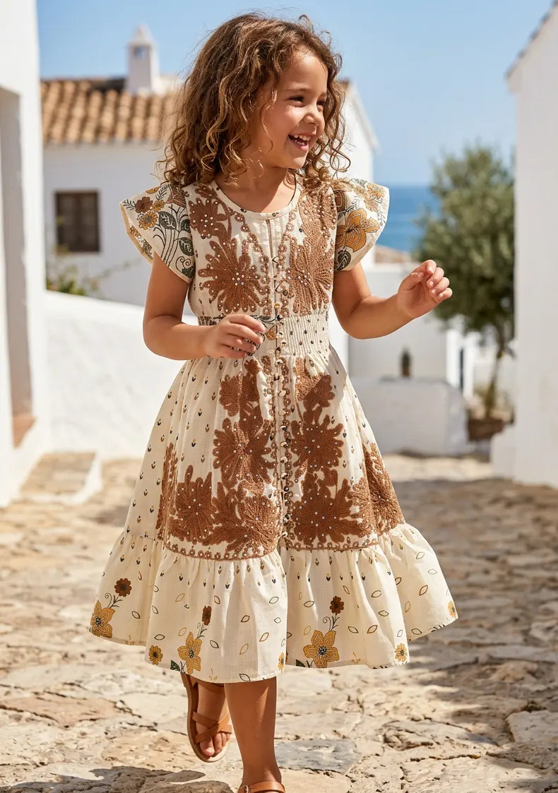 Robe en coton imprimé col en V pour fille - Yamira