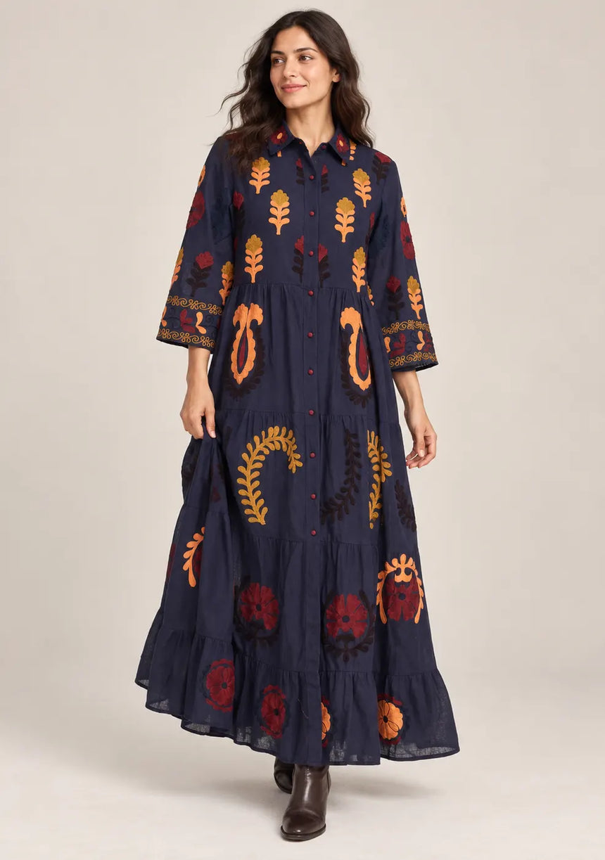 ibBan Embroidered Cotton Tiered Shirt Collor Tunic - Ambir