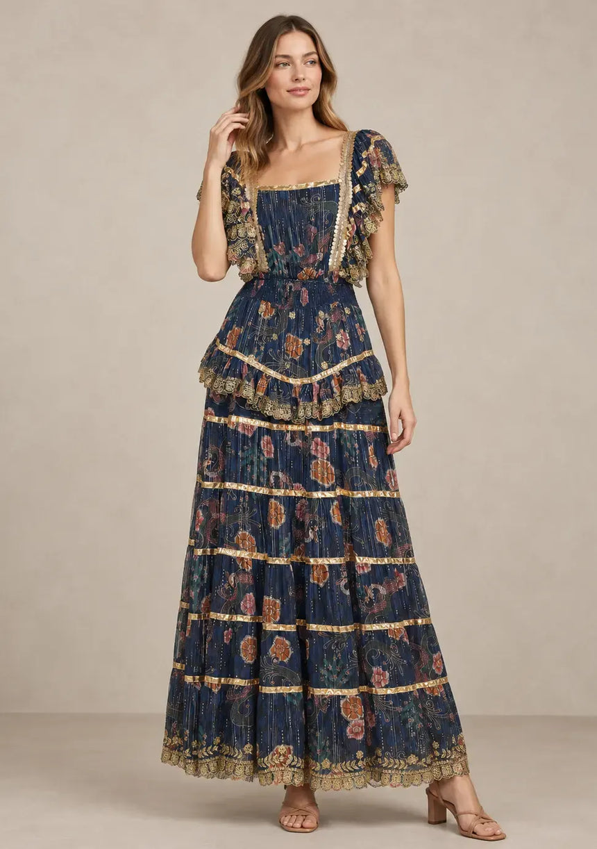ibBan Cotton Georgette Floral Tiered Long Dress - Huma