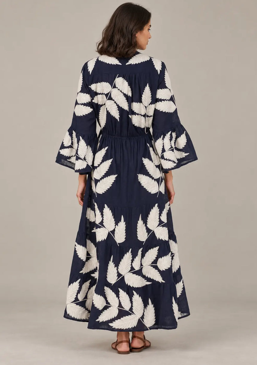 ibBan Leaf Print Cotton Maxi Dress with Tassel Tie - Livia