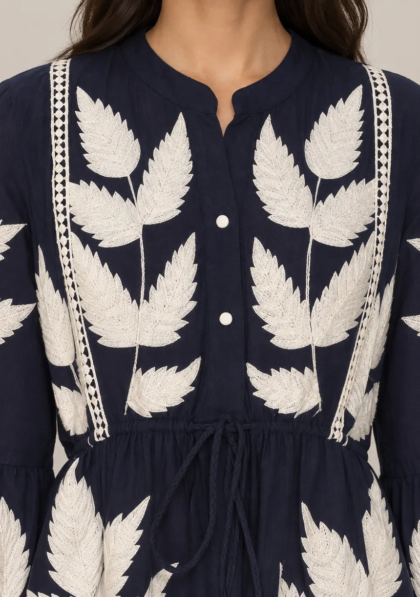 ibBan Leaf Print Cotton Maxi Dress with Tassel Tie - Livia