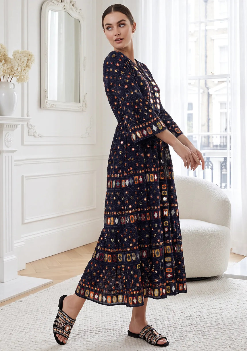 ibBan Women's Hand Embroidered Long Tunic Dress -Corina Long Tunic
