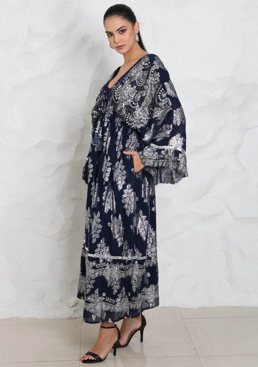 ibBan Hand Embroidered Cotton Lurex Winter Maxi Dress | Luxury Women's Fashion - Sofiya