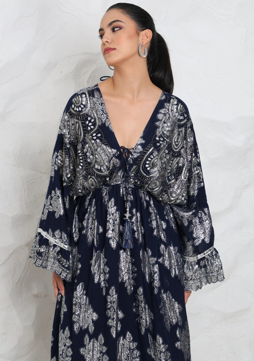 ibBan Hand Embroidered Cotton Lurex Winter Maxi Dress | Luxury Women's Fashion - Sofiya