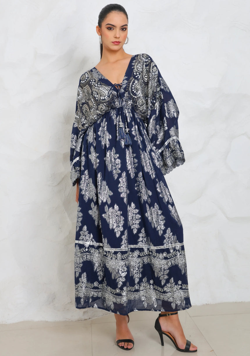 ibBan Hand Embroidered Cotton Lurex Winter Maxi Dress | Luxury Women's Fashion - Sofiya
