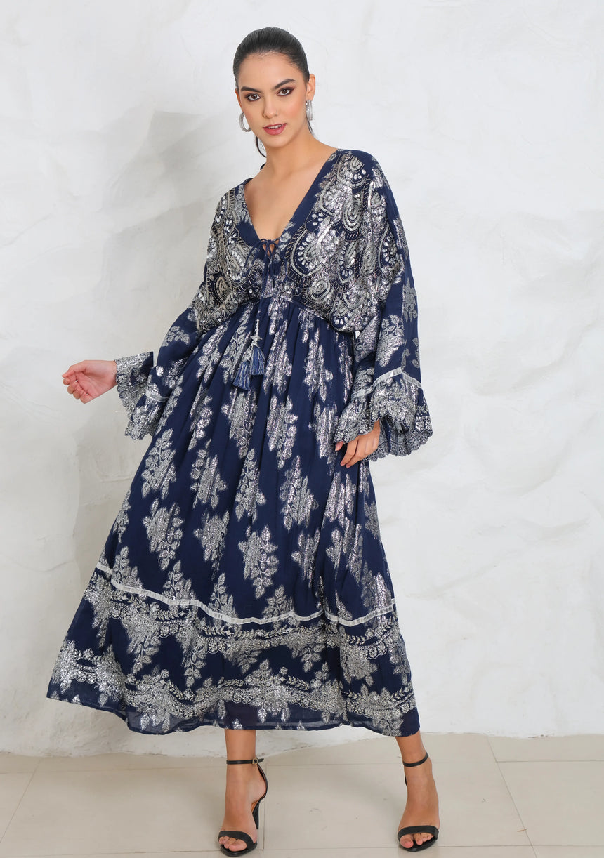 ibBan Hand Embroidered Cotton Lurex Winter Maxi Dress | Luxury Women's Fashion - Sofiya