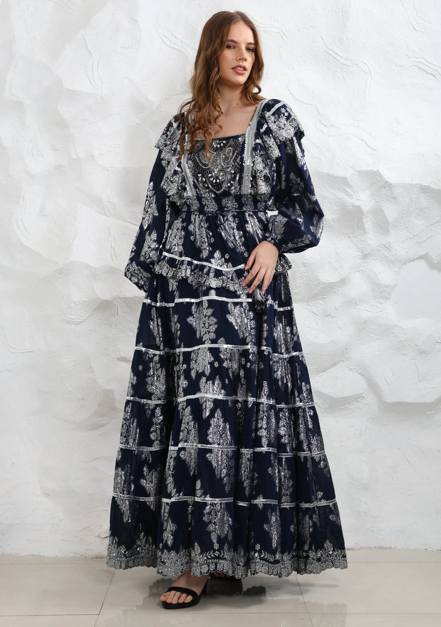ibBan Hand Embroidered Cotton Lurex Winter Long Dress | Luxury Occasion Wear - Sofia