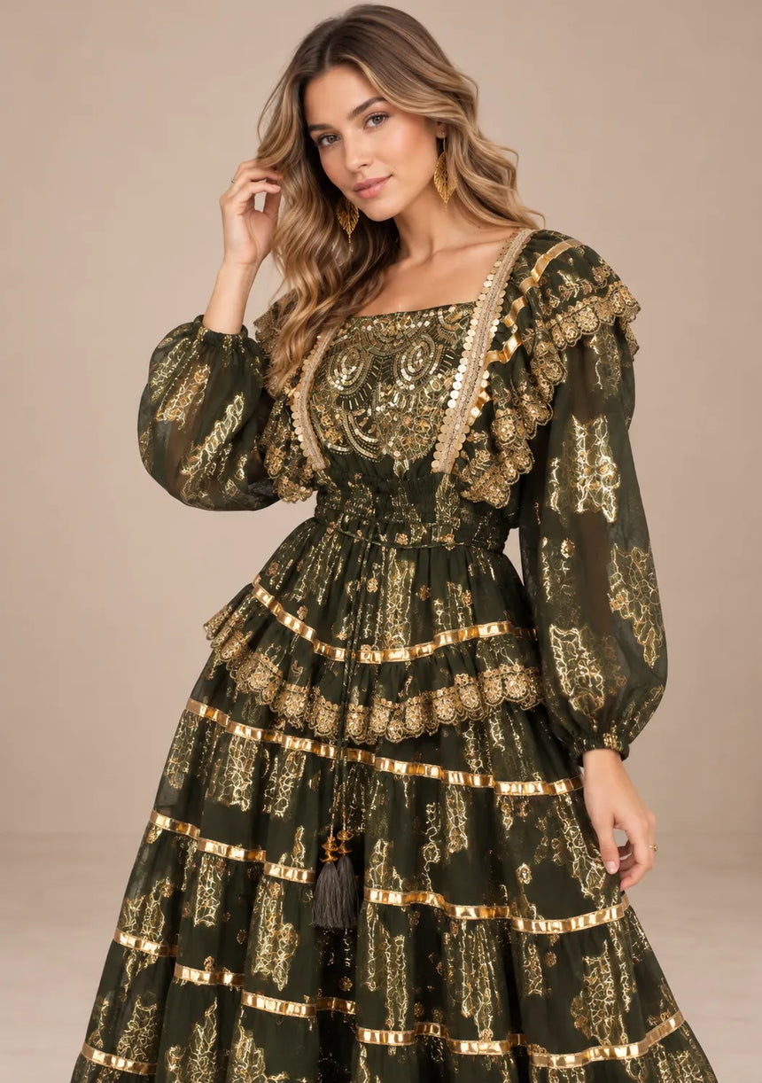 ibBan Cotton Lurex Tiered Long Dress - Chari