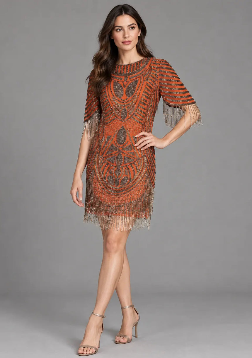 ibBan Party Short Dress with Beadwork & Fringe Sleeves - Esmi