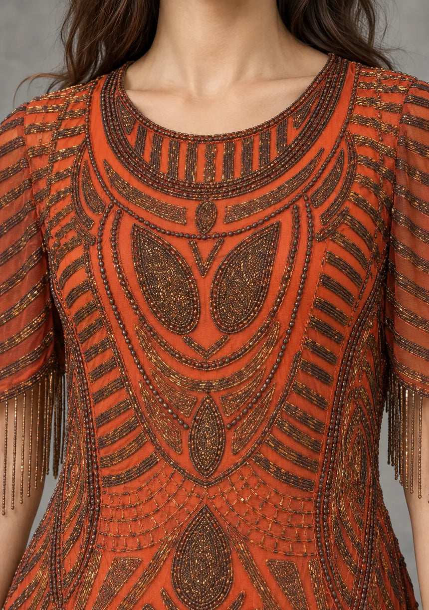 ibBan Party Short Dress with Beadwork & Fringe Sleeves - Esmi