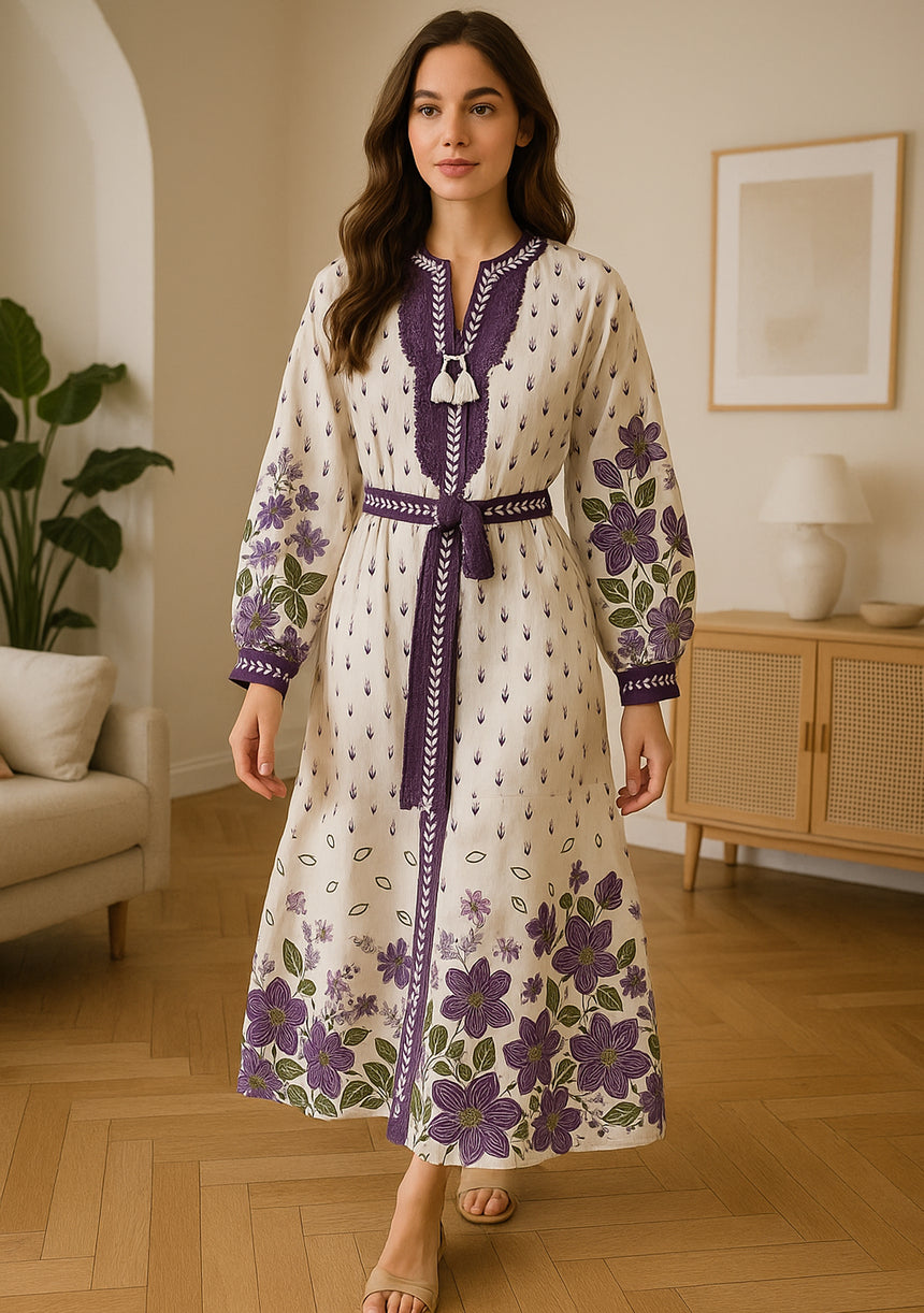 ibBan Premium Printed Cotton Long Dress with Hand Embroidery -Farhat Long Dress