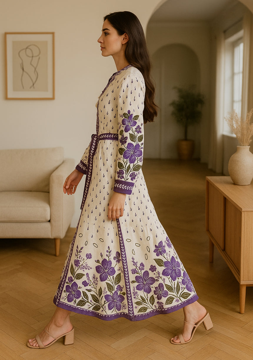 ibBan Premium Printed Cotton Long Dress with Hand Embroidery -Farhat Long Dress