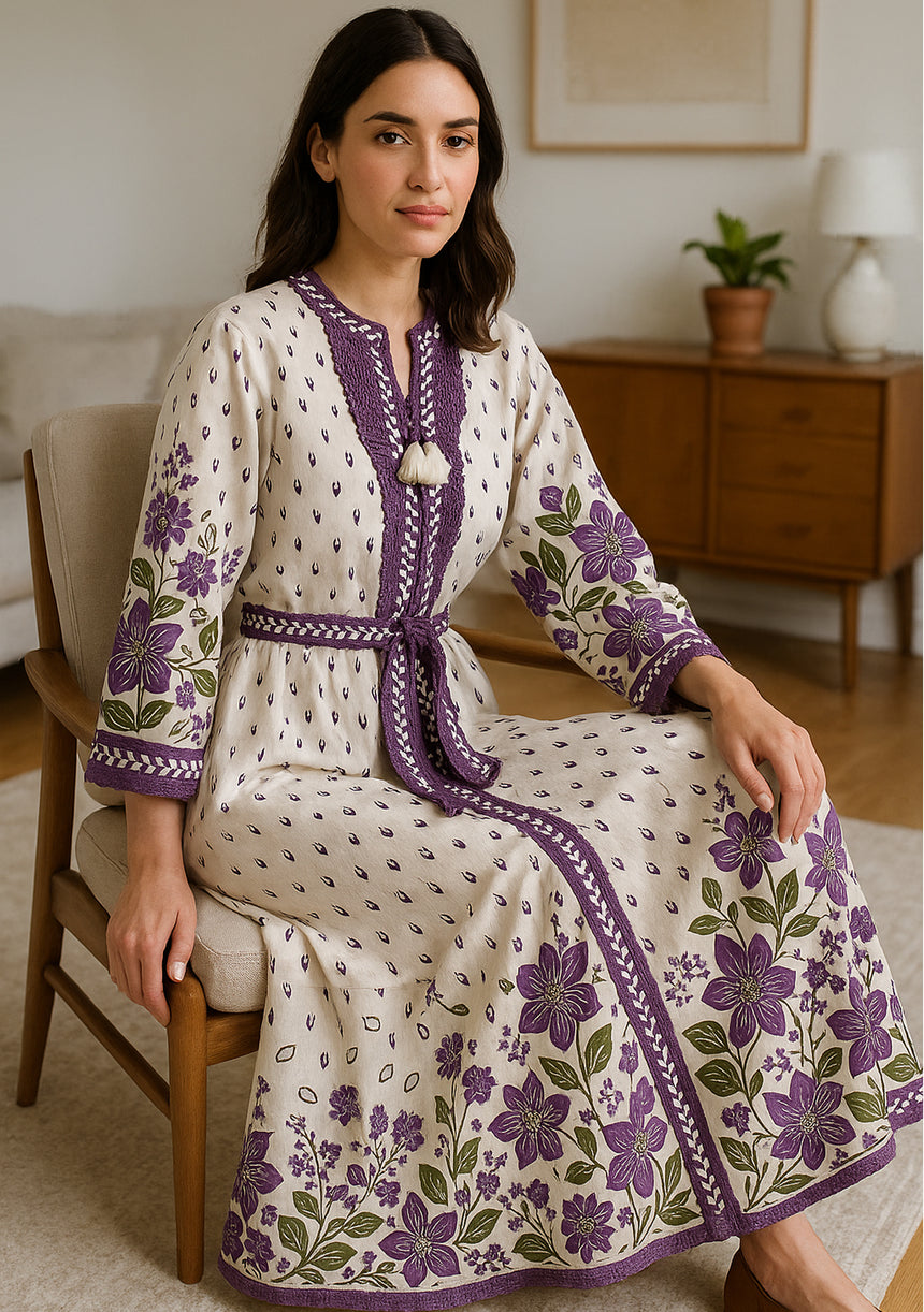 ibBan Premium Printed Cotton Long Dress with Hand Embroidery -Farhat Long Dress