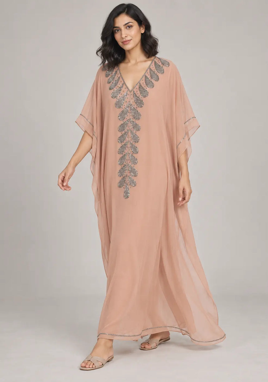 ibBan Women’s Hand Embroidered Georgette Kaftan Dress -Tanzeen