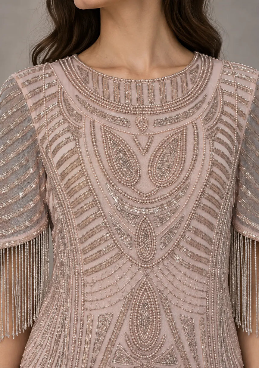 ibBan Party Short Dress with Beadwork & Fringe Sleeves - Esmi