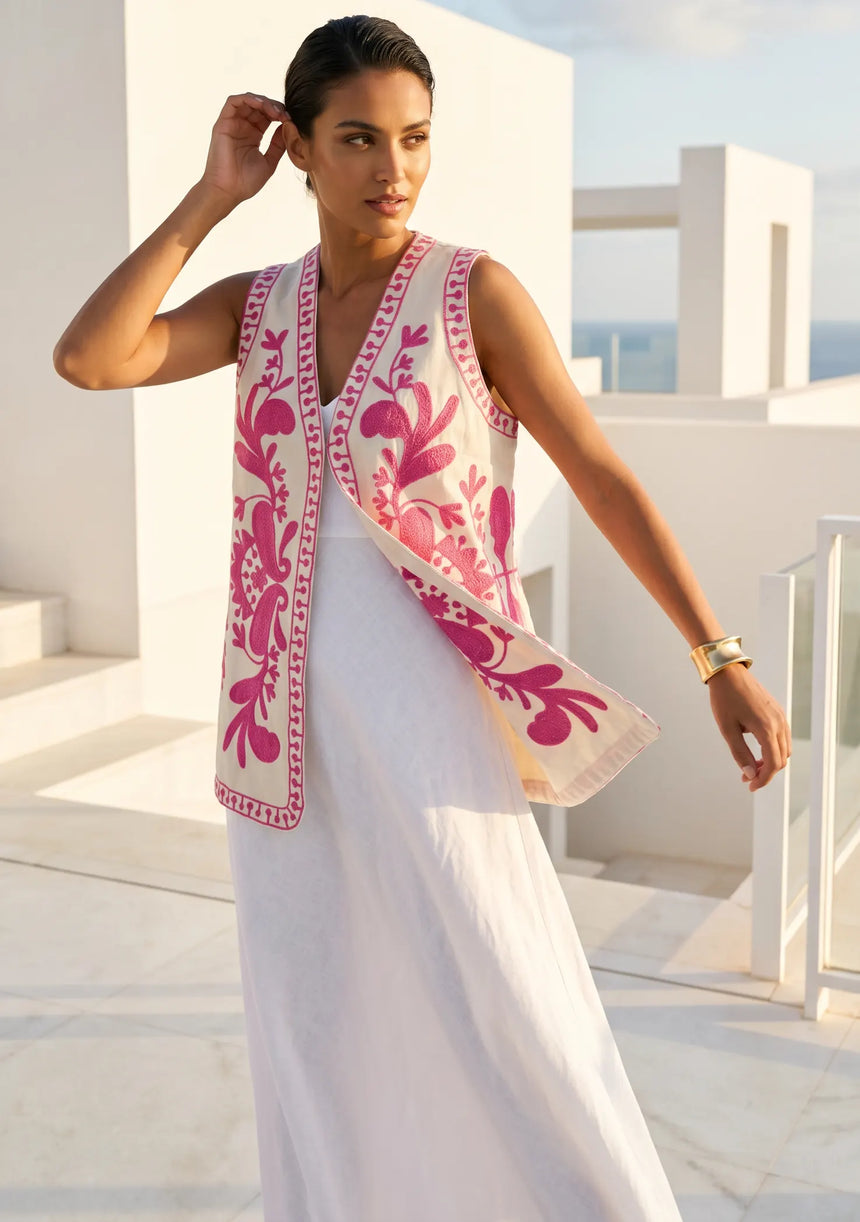 ibBan Hand Embroidered Summer Vest | Women's Cotton Canvas Designer Vest - Perla