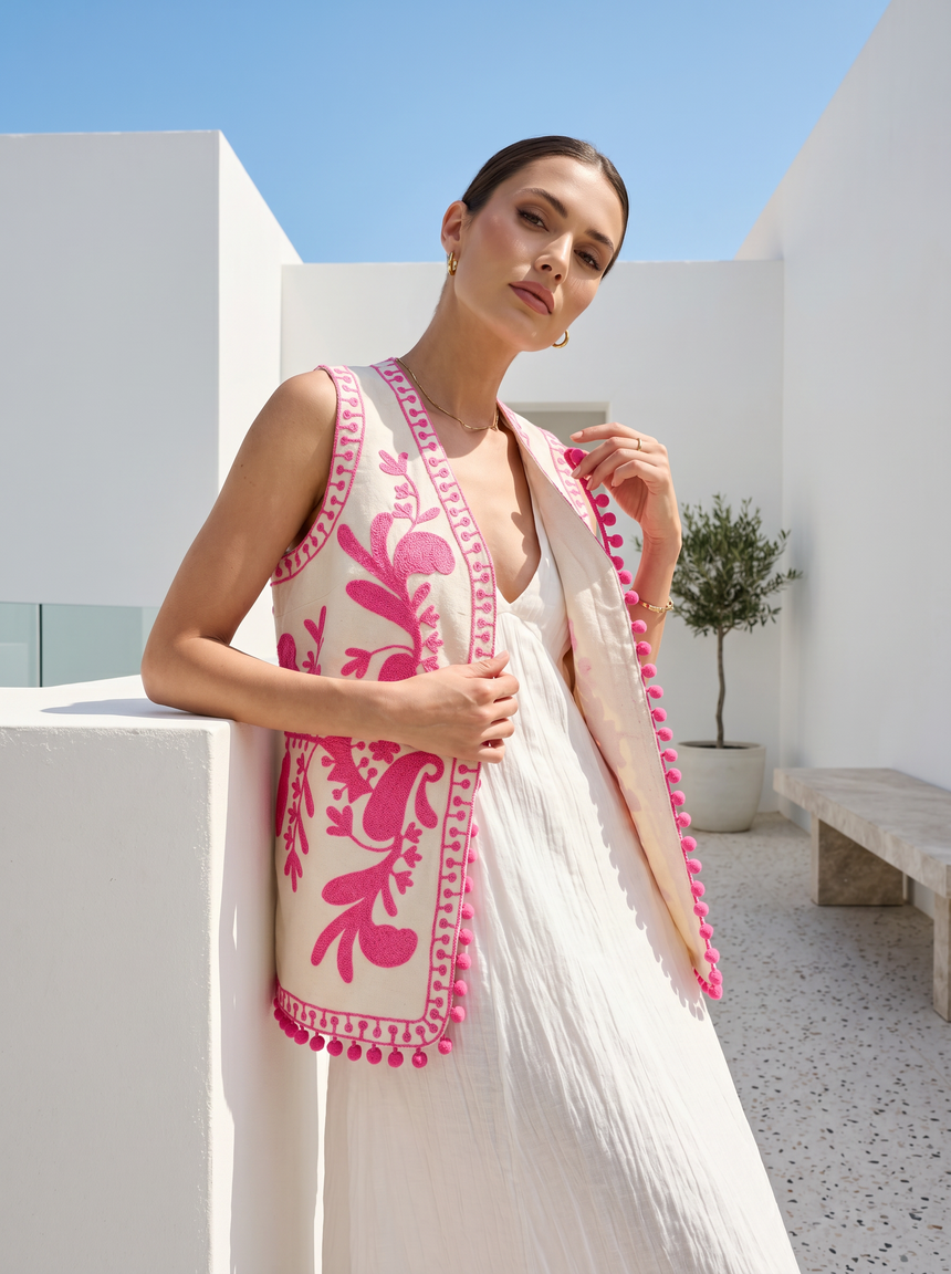 ibBan Hand Embroidered Summer Vest | Women's Cotton Canvas Designer Vest - Perla