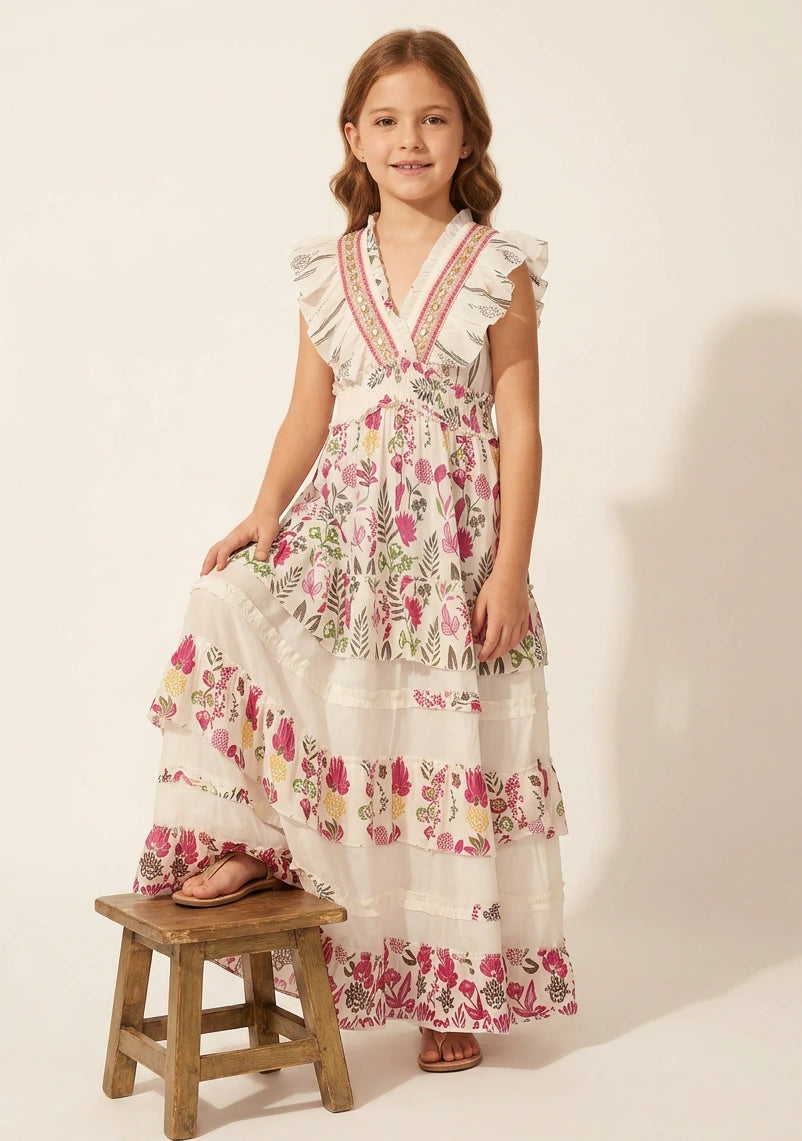 Vestido largo de algodón con cuello en V para niña - Aina
