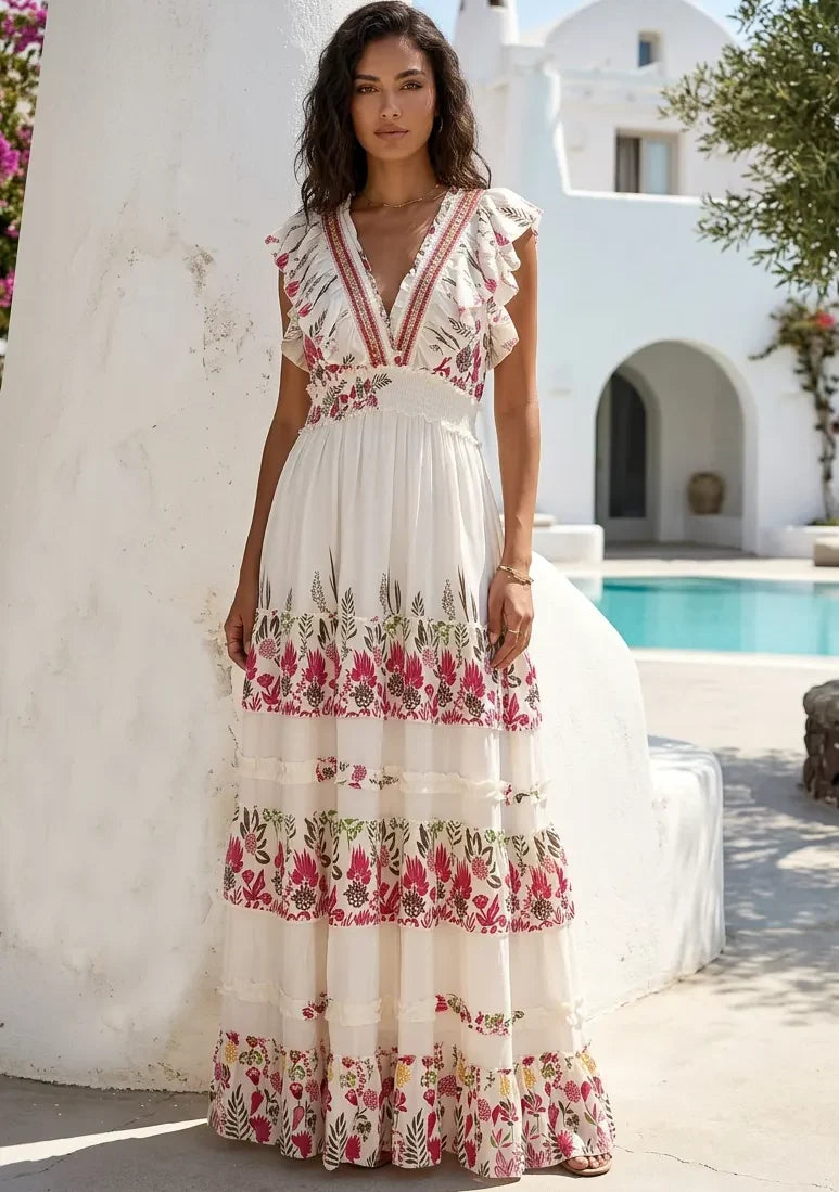 Vestido Largo de Algodón Bordado a Mano para Mujer con Cuello en V - Aina