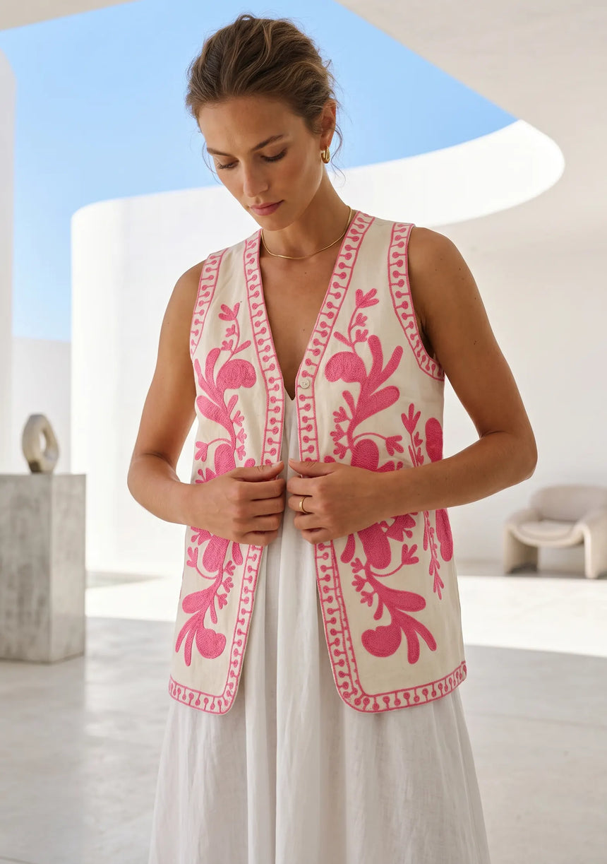 ibBan Hand Embroidered Summer Vest | Women's Cotton Canvas Designer Vest - Perla
