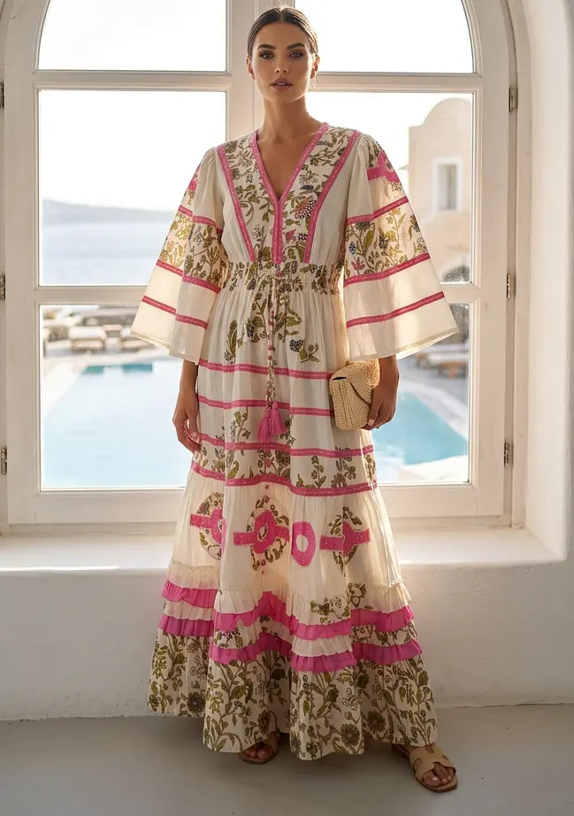 Women's Hand Embroidered Soft Luxury Cotton Maxi Dress V-Neck- Marashi