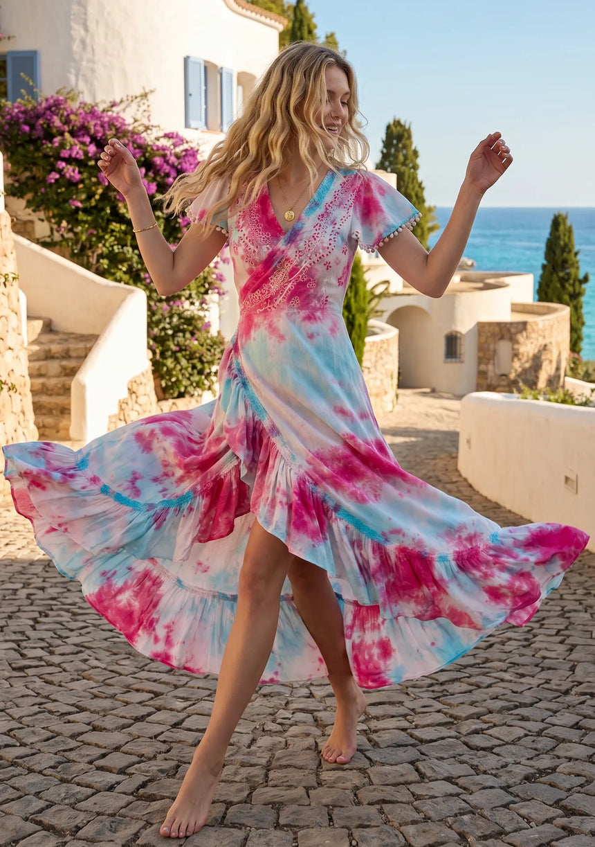 ibBan Tie-Dye Rayon Maxi Dress with Hand Embroidery -Pedi