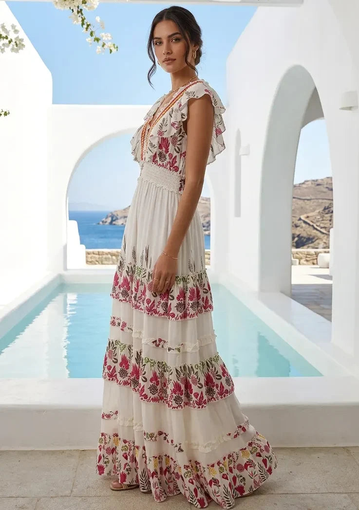 Vestido Largo de Algodón Bordado a Mano para Mujer con Cuello en V - Aina