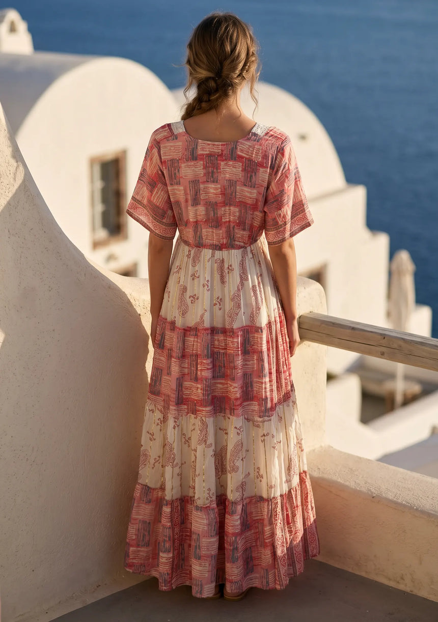 ibBan Printed Cotton & Silk Blend Maxi Dress | Luxury Boho Dress -Rezza Long Dress