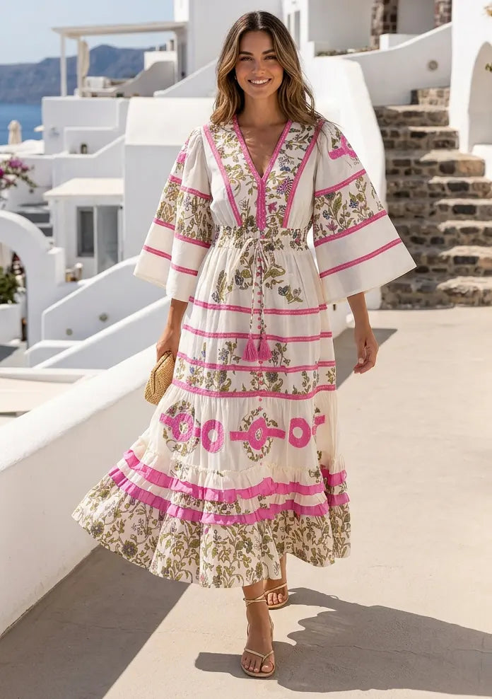 Women's Hand Embroidered Soft Luxury Cotton Maxi Dress V-Neck- Marashi