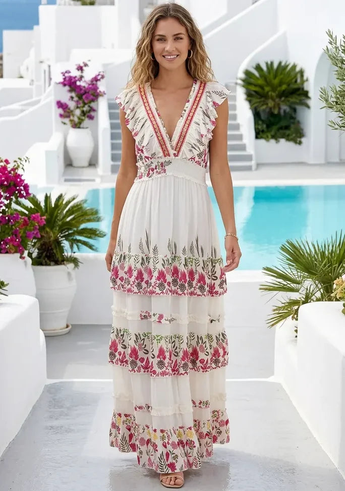 Vestido Largo de Algodón Bordado a Mano para Mujer con Cuello en V - Aina