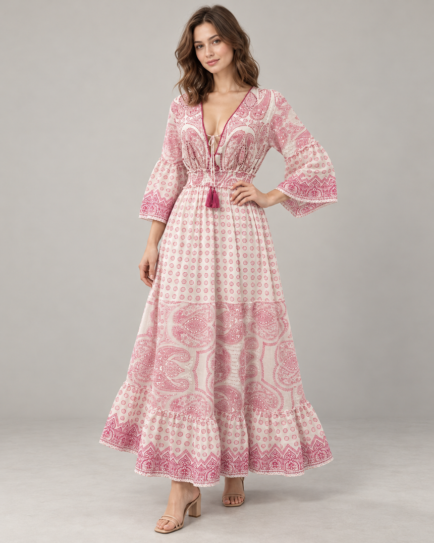 Mayra Long Dress - Hand-Embroidered Cotton