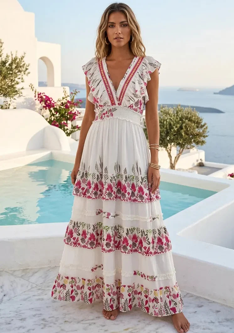 Vestido Largo de Algodón Bordado a Mano para Mujer con Cuello en V - Aina