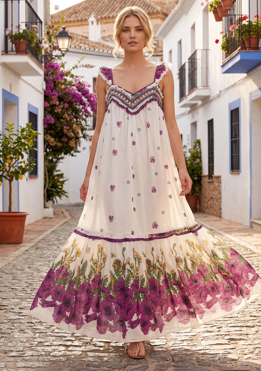 Maxivestido de algodón con cuello redondo para mujer - Sola
