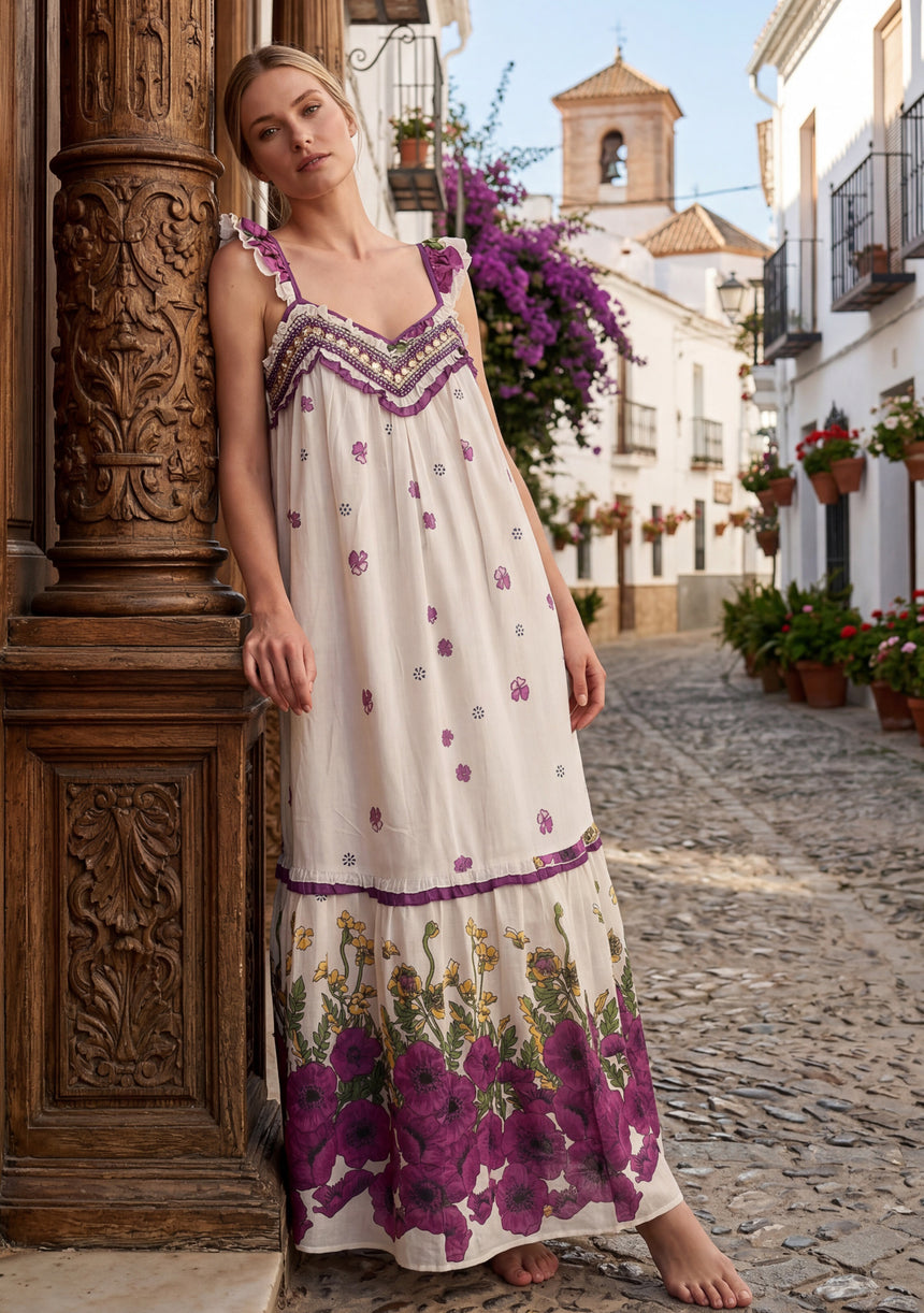 Maxivestido de algodón con cuello redondo para mujer - Sola