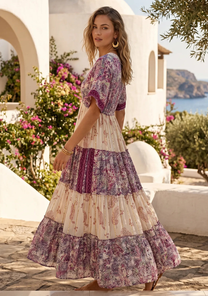 ibBan Printed Cotton & Silk Blend Maxi Dress | Luxury Boho Dress -Rezza Long Dress