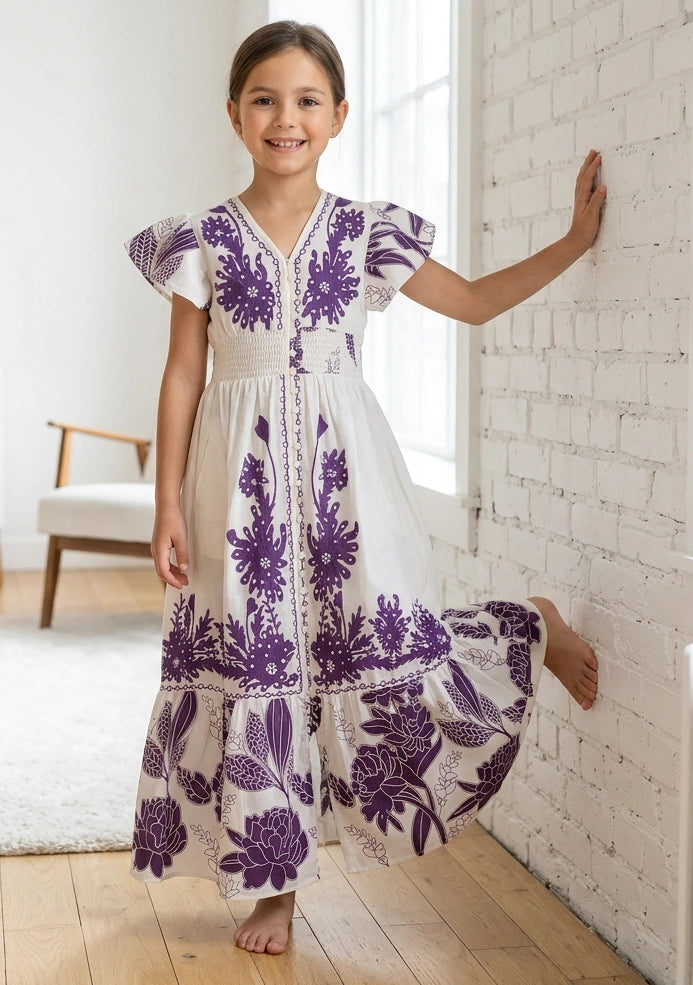 Girls' Printed Cotton dress V-Neck - Yamira