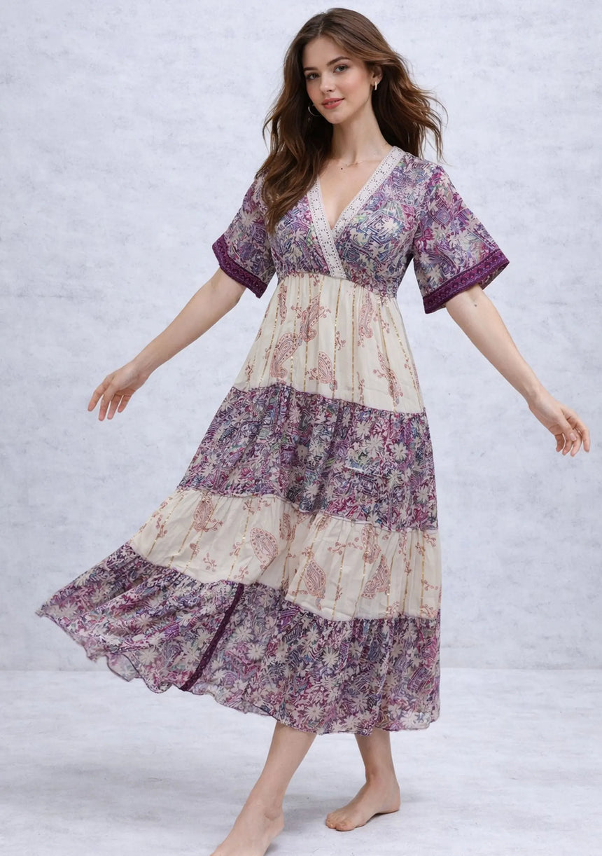 ibBan Printed Cotton & Silk Blend Maxi Dress | Luxury Boho Dress -Rezza Long Dress