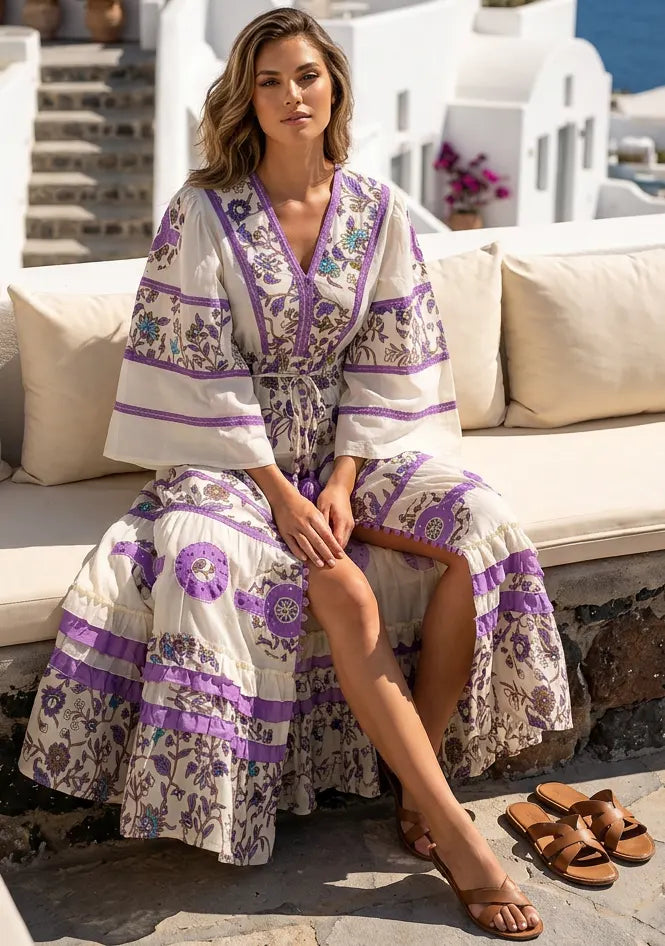 Women's Hand Embroidered Soft Luxury Cotton Maxi Dress V-Neck- Marashi