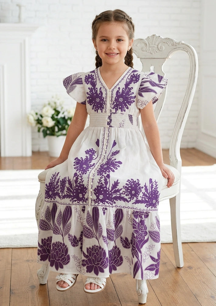 Girls' Printed Cotton dress V-Neck - Yamira