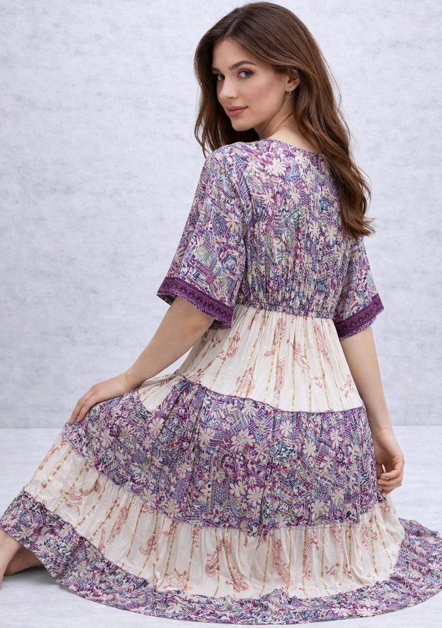 ibBan Printed Cotton & Silk Blend Maxi Dress | Luxury Boho Dress -Rezza Long Dress