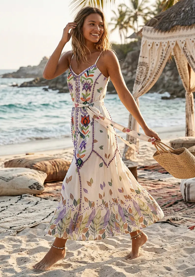 Maxivestido de algodón con cuello en V para mujer - Lulama
