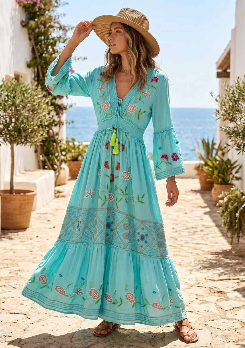 ibBan Sky Blue Rayon Tie-Dye Maxi Dress with Hand Embroidery - Rayan Max Dress