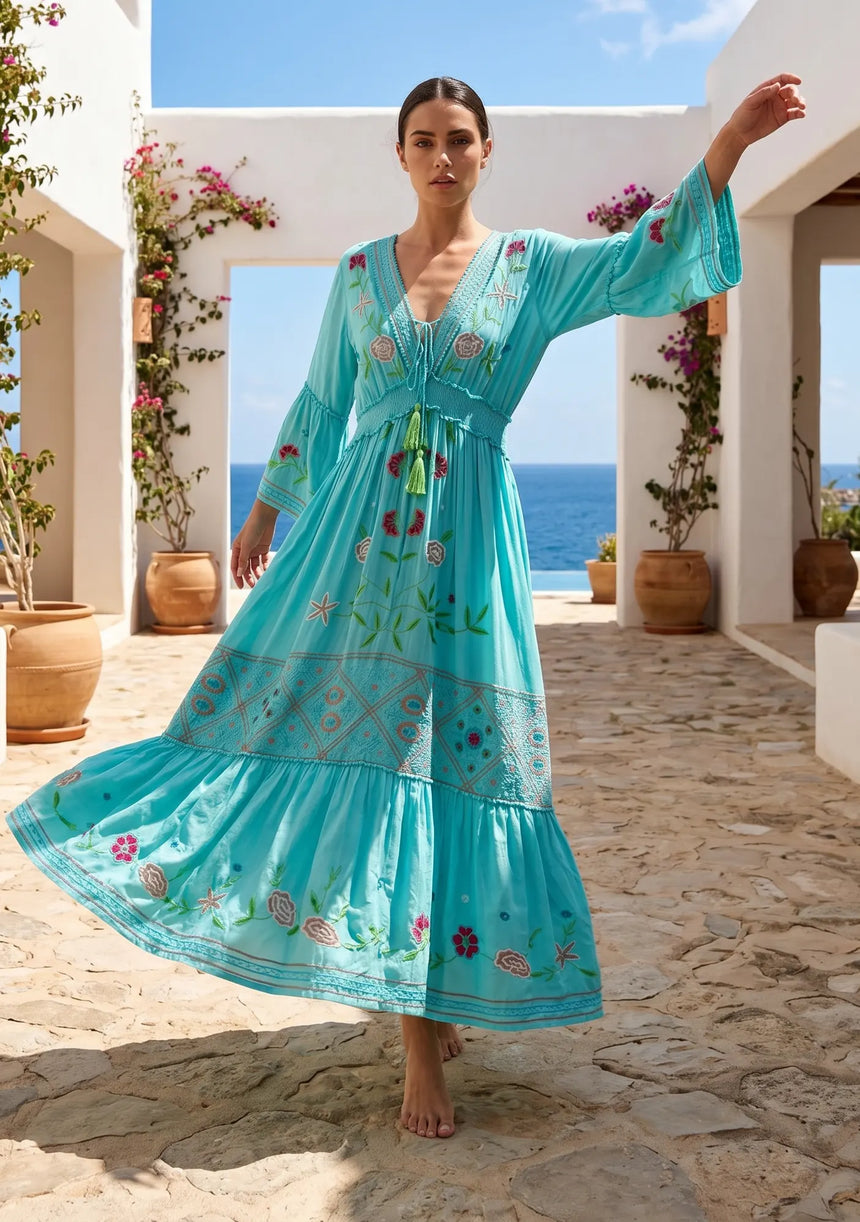 ibBan Sky Blue Rayon Tie-Dye Maxi Dress with Hand Embroidery - Rayan Max Dress